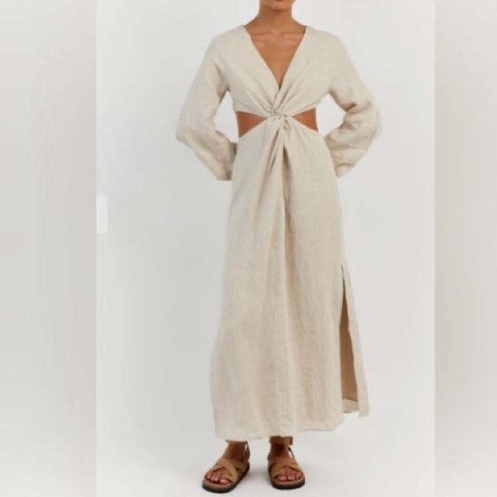 DISSH Tina Linen Twist Front Cutout Maxi Midi Dress Natural Size US 2 | Like New